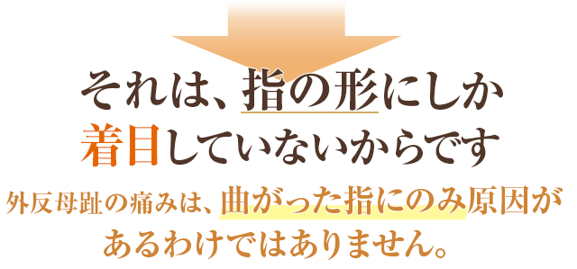 これは指の形にしか着目していないからです。外反母趾の痛みは、曲がった指にのみ原因があるわけではありません。